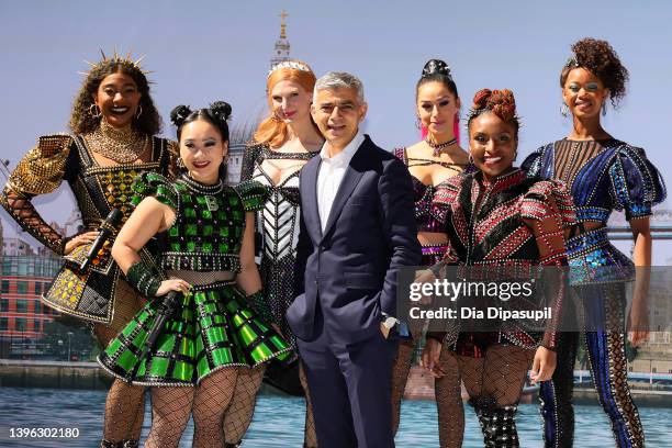 London mayor Sadiq Khan poses with cast members from the Broadway musical 'Six' during the 'Let's Do London' U.S. Tourism campaign launch in Times...