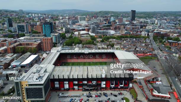 An aerial view of Bramall Lane, home of Sheffield United Football Club on May 09, 2022 in Sheffield, England.