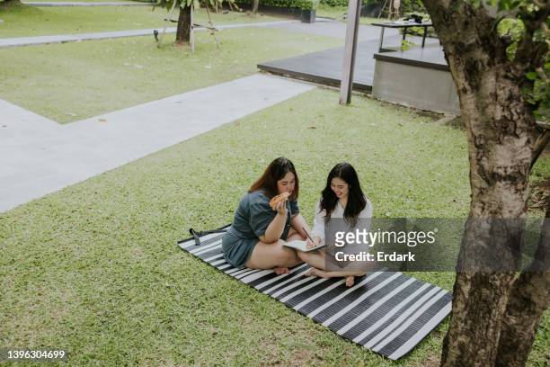 happy life on weekend, picnic in the garden on nice weather day. - asian eating hotdog stock pictures, royalty-free photos & images
