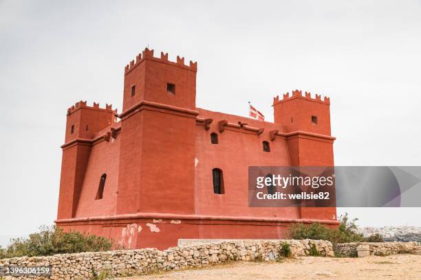 red tower in mellieha - mellieha malta stock pictures, royalty-free photos & images