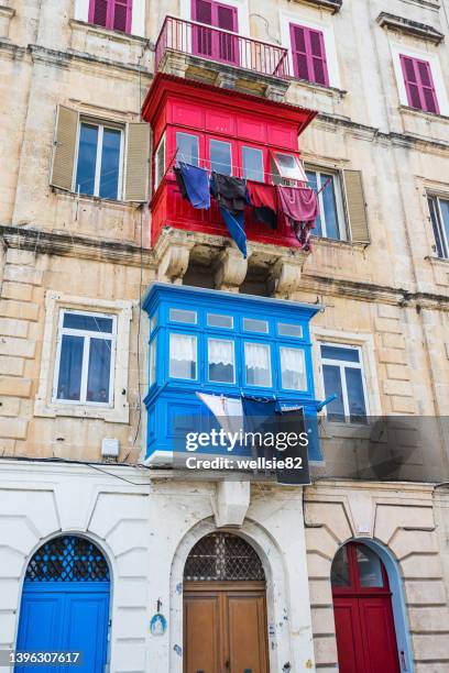 colourful maltese balconies - maltese islands stockfoto's en -beelden