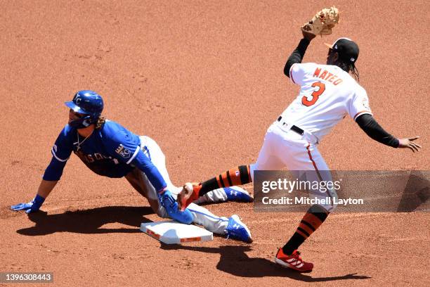 Bobby Witt Jr. #7 of the Kansas City Royals beats the tag by Jorge Mateo of the Baltimore Orioles to steal second base in the first inning during a...