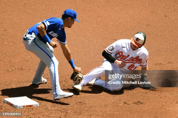 Nicky Lopez of the Kansas City Royals forces out Austin Hays of the Baltimore Orioles at second base in the second inning during a baseball game at...