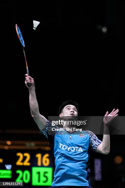 Kantaphon Wangcharoen of Thailand competes in the Men's Single match against Jonatan Christie of Indonesia during day two of the BWF Thomas and Uber...