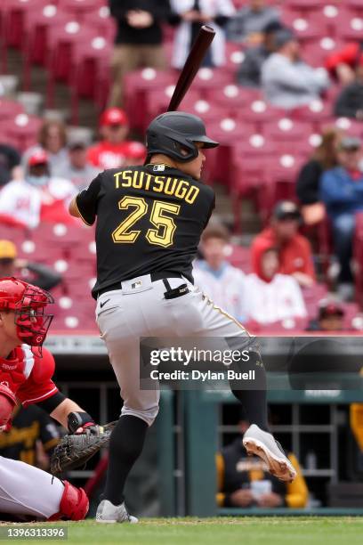 Yoshi Tsutsugo of the Pittsburgh Pirates bats in the ninth inning against the Cincinnati Reds during game one of a doubleheader at Great American...