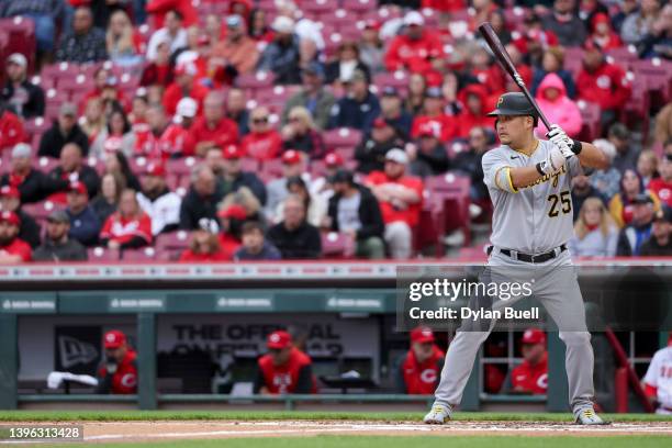 Yoshi Tsutsugo of the Pittsburgh Pirates bats in the first inning against the Cincinnati Reds during game two of a doubleheader at Great American...