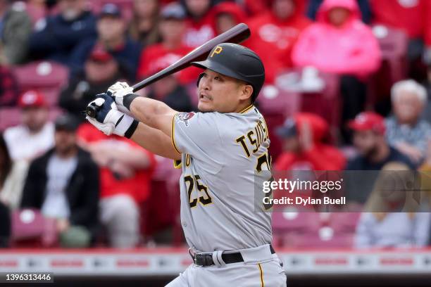 Yoshi Tsutsugo of the Pittsburgh Pirates hits a home run in the first inning against the Cincinnati Reds during game two of a doubleheader at Great...