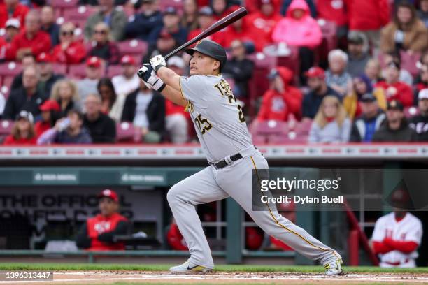Yoshi Tsutsugo of the Pittsburgh Pirates hits a home run in the first inning against the Cincinnati Reds during game two of a doubleheader at Great...
