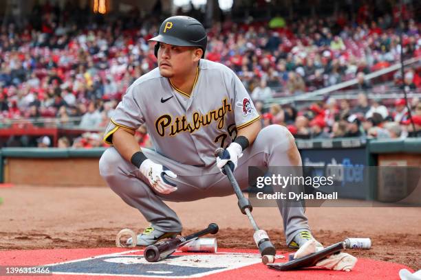 Yoshi Tsutsugo of the Pittsburgh Pirates waits in the on deck circle in the third inning against the Cincinnati Reds during game two of a...