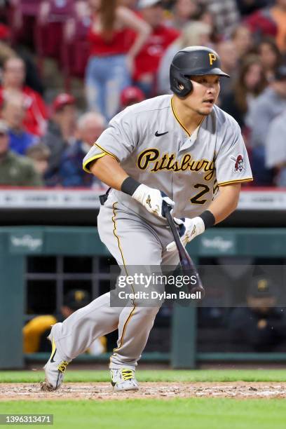Yoshi Tsutsugo of the Pittsburgh Pirates grounds into a fielder's choice in the fifth inning against the Cincinnati Reds during game two of a...