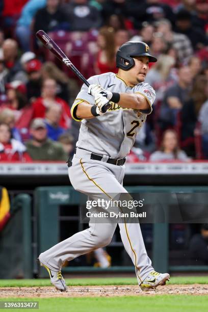 Yoshi Tsutsugo of the Pittsburgh Pirates grounds into a fielder's choice in the fifth inning against the Cincinnati Reds during game two of a...