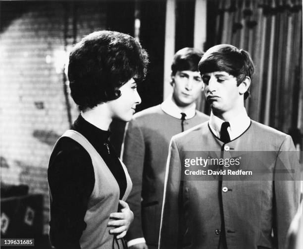 English singer Helen Shapiro with Ringo Starr and John Lennon of the Beatles, during rehearsals for the Associated Rediffusion music television show...