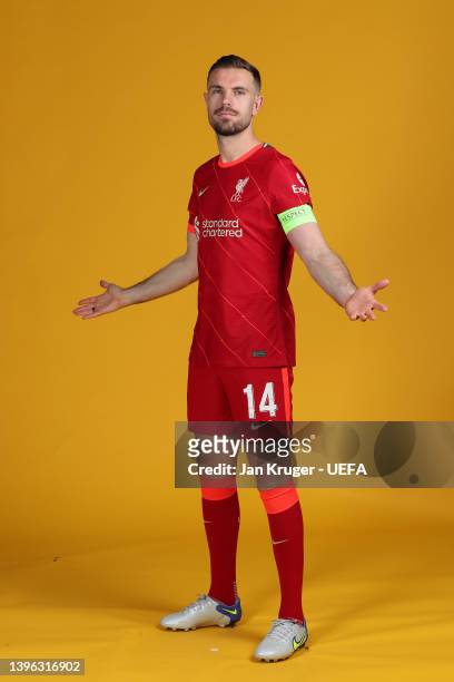 Jordan Henderson of Liverpool poses during the UEFA Champions League Final Media Day at AXA Training Centre on May 05, 2022 in Kirkby, England.
