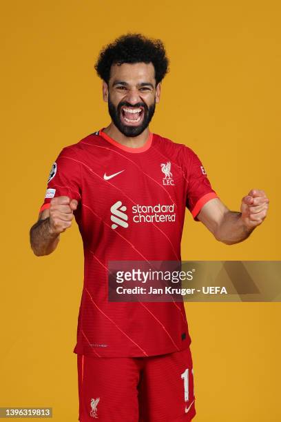 Mohamed Salah of Liverpool poses during the UEFA Champions League Final Media Day at AXA Training Centre on May 05, 2022 in Kirkby, England.