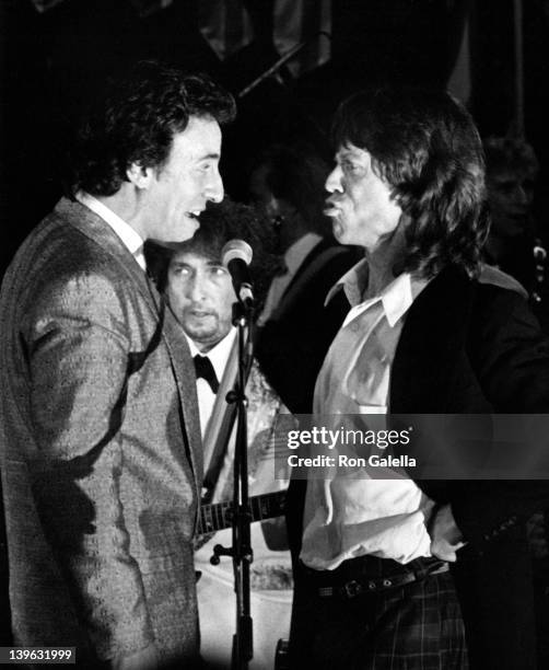 Bruce Springsteen, Bob Dylan and Mick Jagger attend Third Annual Rock and Roll Hall of Fame Awards on January 20, 1988 at the Waldorf Hotel in New...