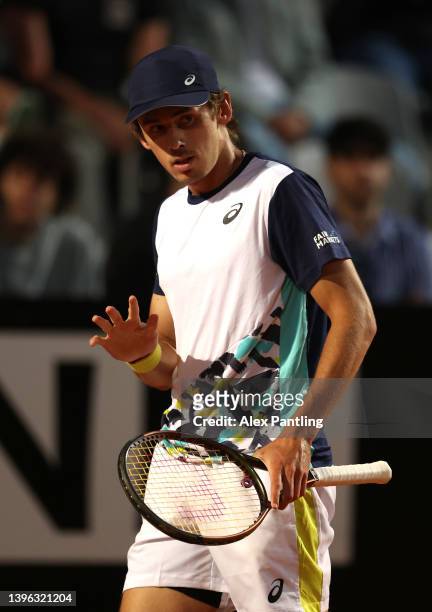 Alex Di Minaur of Australia reacts in their men's singles first round match against Dusan Lajovic of Serbia during day two of the Internazionali BNL...