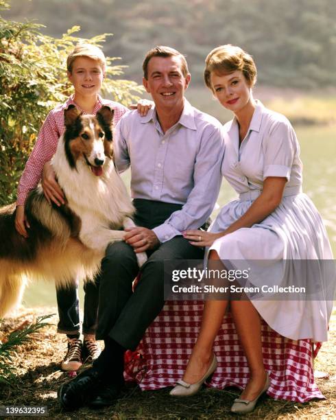 Lassie with Jon Provost, US child actor, June Lockhart, US actress, and Hugh Reilly , US actor, pose for a group portrait issued as publicity for the...