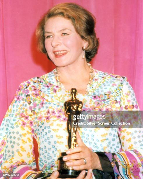 Ingrid Bergman , Swedish actress, holding her Oscar statuette at the 47th Academy Awards, at the Dorothy Chandler Pavilion in Los Angeles,...
