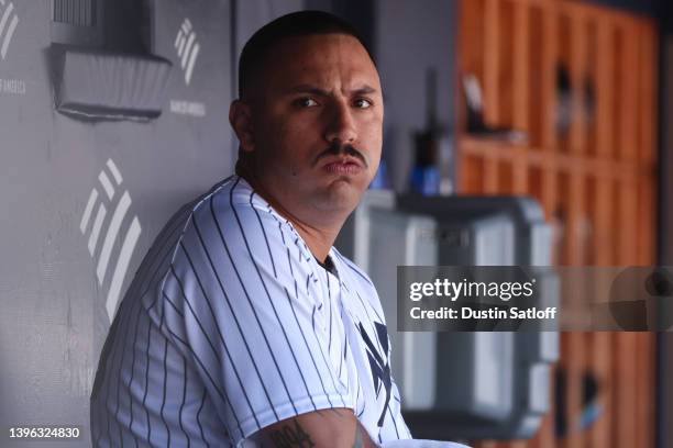 Nestor Cortes of the New York Yankees looks on from the bench during the sixth inning of the game against the Texas Rangers at Yankee Stadium on May...