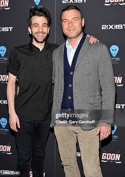 Actors Jay Baruchel and Liev Schreiber attend the "Goon" New York premiere at the SVA Theater on February 23, 2012 in New York City.