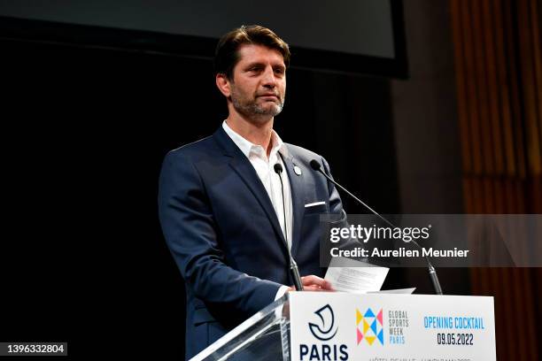 Deputy Mayor of Paris, in charge of Sport and the Olympic and Paralympic Games, Pierre Rabadan speaks on stage during the Global Sport Week at Hotel...