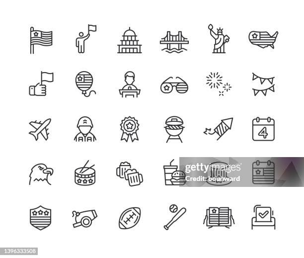 stockillustraties, clipart, cartoons en iconen met 4th of july usa independence day line icons editable stroke - vrijheidsbeeld