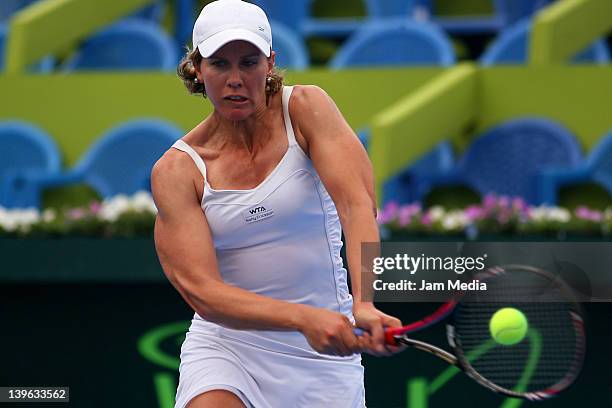 Greta Arn tennis player returns the ball to Maria Abramovic , during the second four of the WTA Open in Whirpool Monterrey, at Sierra Madre on...