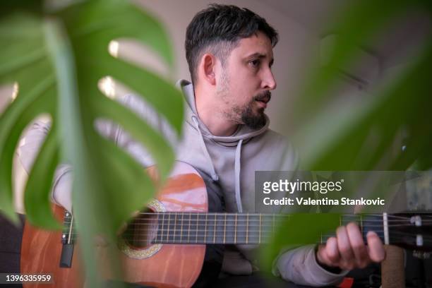 bell'uomo che suona una chitarra acustica nel soggiorno - plucking an instrument foto e immagini stock