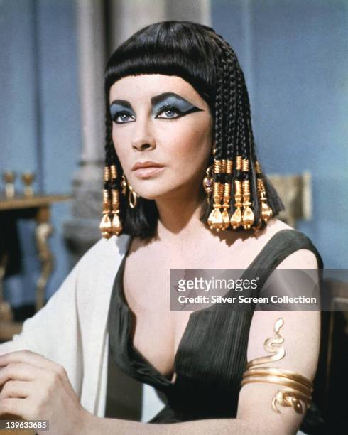 Elizabeth Taylor , British actress, in costume wearing eye make-up in a publicity still issued for the film, 'Cleopatra', 1963. The historical drama,...
