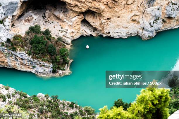 high angle view of rock formation in sea,verdon gorge,france - gorges du verdon stock pictures, royalty-free photos & images