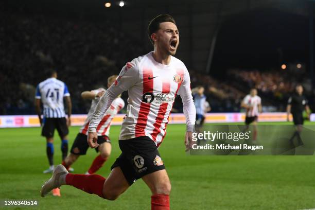 Patrick Roberts of Sunderland celebrates after scoring the winning goal during the Sky Bet League One Play-Off Semi Final 2nd Leg match between...
