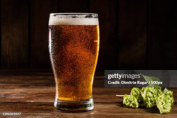 glass of light beer on a dark pub - boccale foto e immagini stock