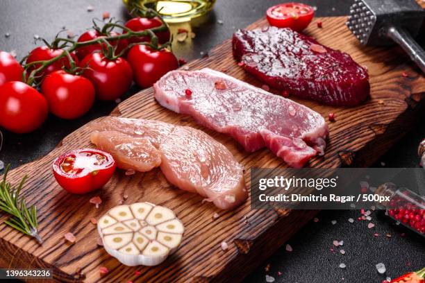 fresh juicy steak of beef,pork and chicken - meat product stock pictures, royalty-free photos & images