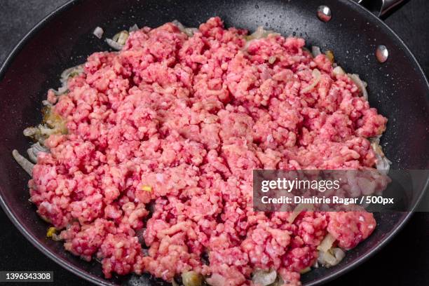 fresh raw beef mince with onions in a pan - rood vlees stockfoto's en -beelden