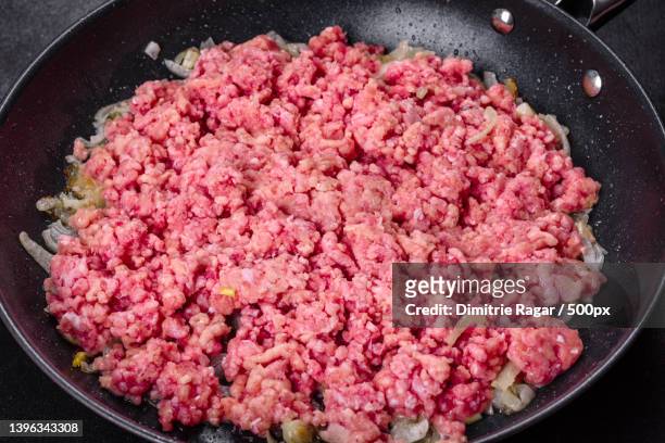 fresh raw beef mince with onions in a pan - red meat stock pictures, royalty-free photos & images