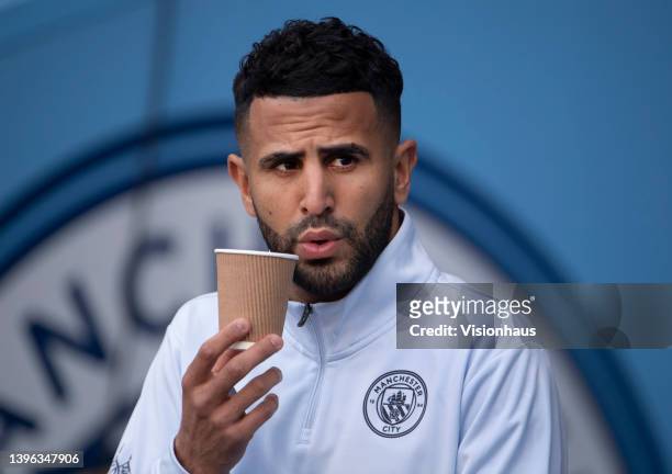 Riyad Mahrez of Manchester City before the Premier League match between Manchester City and Newcastle United at Etihad Stadium on May 8, 2022 in...
