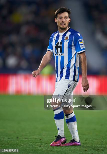 David Silva of Real Sociedad looks on during the La Liga Santander match between Levante UD and Real Sociedad at Ciutat de Valencia Stadium on May...