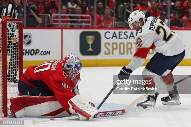 Carter Verhaeghe of the Florida Panthers scores a goal on goalie Ilya Samsonov of the Washington Capitals during the first period in Game Four of the...