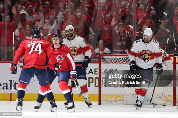 Oshie of the Washington Capitals celebrates his goal with teammates against the Florida Panthers during the first period in Game Four of the First...