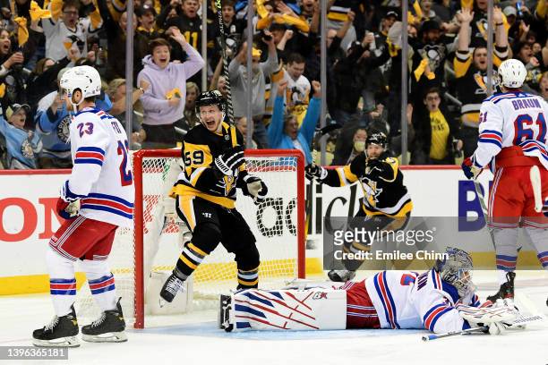 Jake Guentzel of the Pittsburgh Penguins celebrates his goal during the second period of Game Four of the First Round of the 2022 Stanley Cup...