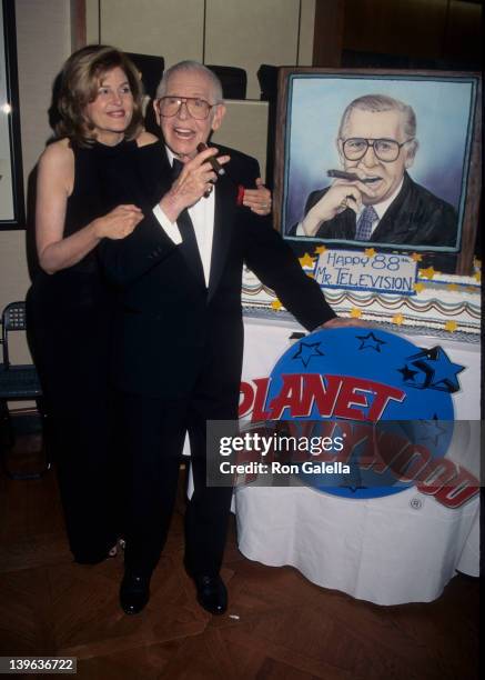 Comedian Milton Berle and wife Lorna Adams attending 88th Birthday Party for Milton Berle on July 12, 1996 at the Alfred Dunhill Store in Beverly...