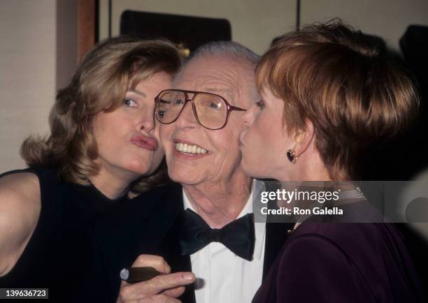 Comedian Milton Berle, wife Lorna Adams and actress attending 88th Birthday Party for Milton Berle on July 12, 1996 at the Alfred Dunhill Store in...