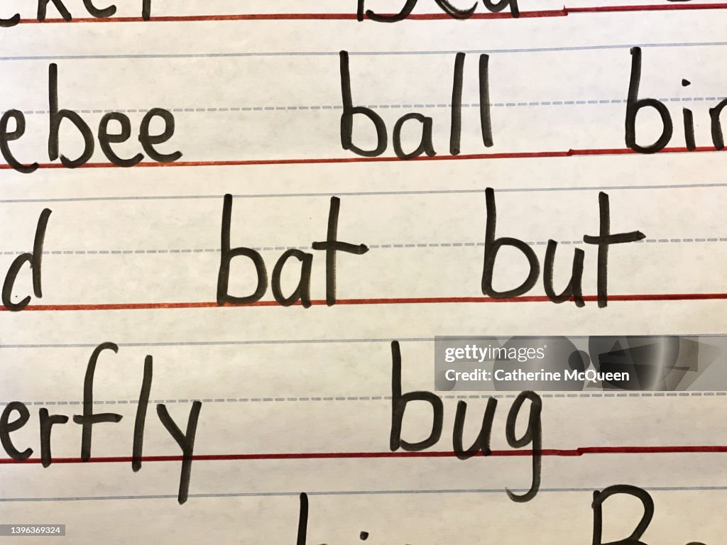 List of easy words beginning with letter b on oversized lined writing paper