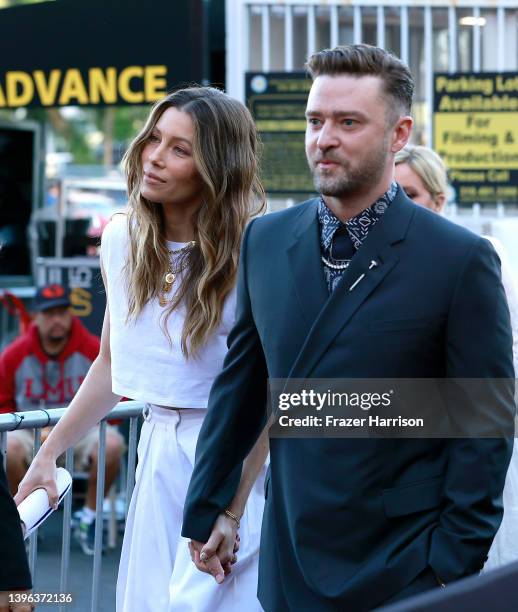 Jessica Biel and Justin Timberlake attend the Los Angeles Premiere FYC Event for Hulu's "Candy" at El Capitan Theatre on May 09, 2022 in Los Angeles,...