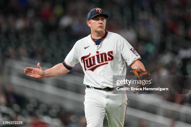 Tyler Duffey of the Minnesota Twins celebrates against the Oakland Athletics on May 6, 2022 at Target Field in Minneapolis, Minnesota.