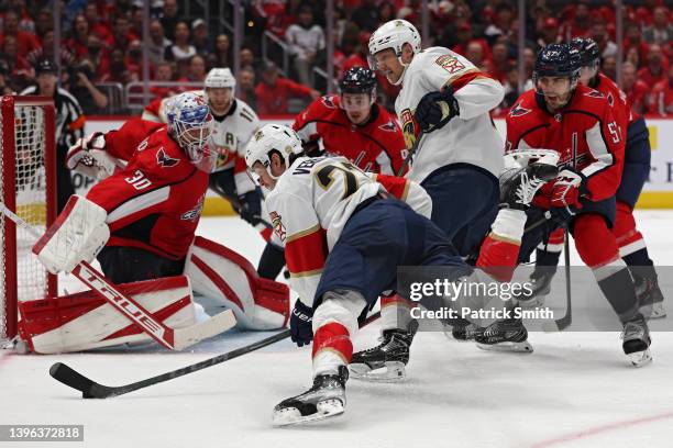 Carter Verhaeghe of the Florida Panthers shoots on goalie Ilya Samsonov of the Washington Capitals during the third period in Game Four of the First...