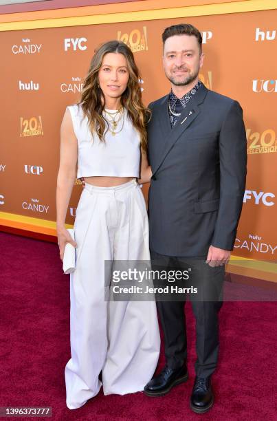 Jessica Biel and Justin Timberlake attend the Los Angeles Premiere FYC Event for Hulu's "Candy" at El Capitan Theatre on May 09, 2022 in Los Angeles,...