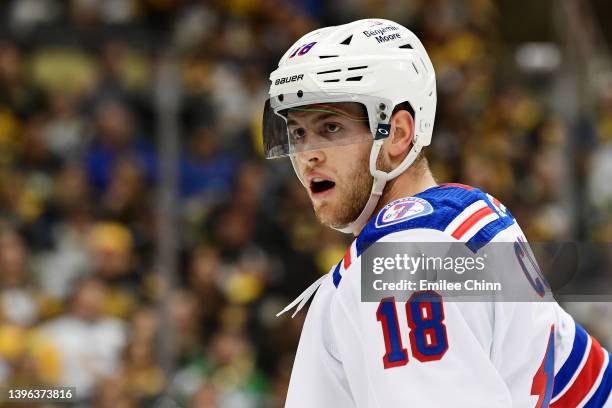 Andrew Copp of the New York Rangers reacts during the first period of Game Four of the First Round of the 2022 Stanley Cup Playoffs against the...