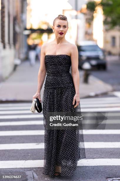 Julianne Hough is seen wearing a vintage haute couture Yves Saint Laurent dress with shoes and a handbag by Roger Vivier in Washington Square Park on...