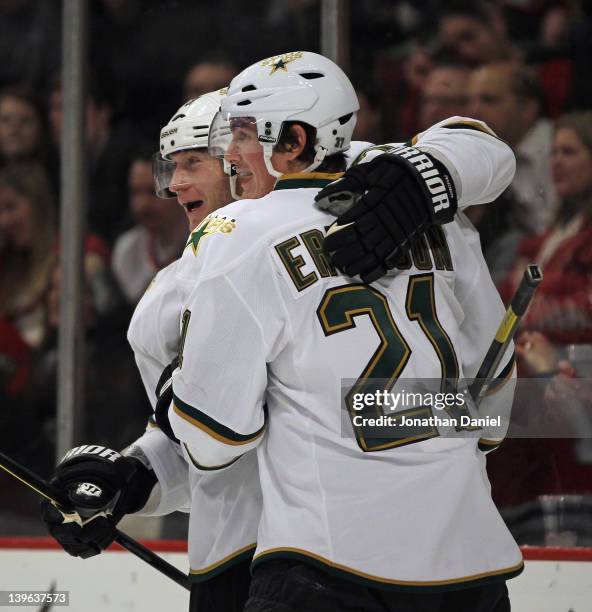 Loui Ericksson and Michael Ryder of the Dallas Stars celebrate Erickssons third period goal against the Chicago Blackhawks at the United Center on...